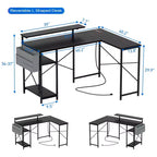 Bureau d'angle réversible en L en MDF avec support d'écran, lumières LED et prises de courant 54"