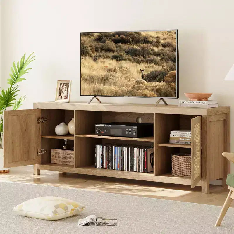 MDF Rattan 2-Door TV Stand with Adjustable Shelves for TVs up to 65"