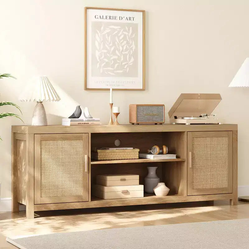 MDF Rattan 2-Door TV Stand with Adjustable Shelves for TVs up to 65"
