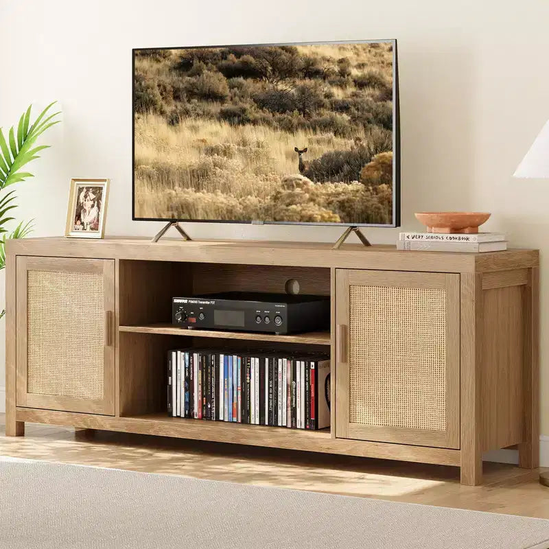 MDF Rattan 2-Door TV Stand with Adjustable Shelves for TVs up to 65"