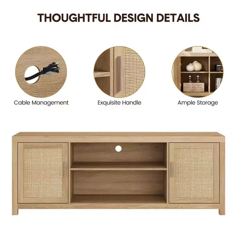 MDF Rattan 2-Door TV Stand with Adjustable Shelves for TVs up to 65"