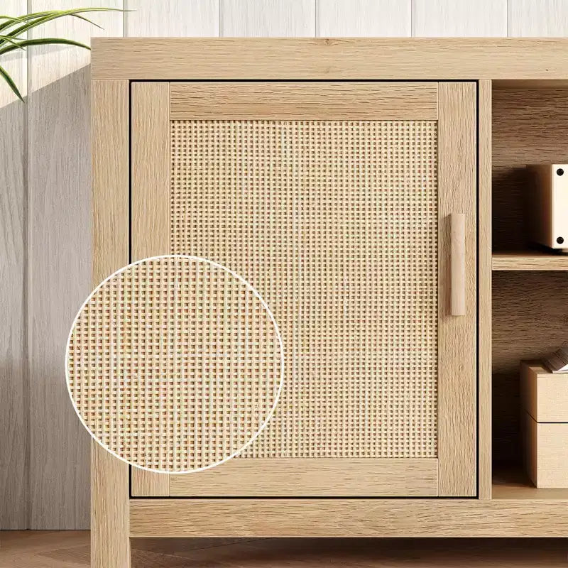 MDF Rattan 2-Door TV Stand with Adjustable Shelves for TVs up to 65"