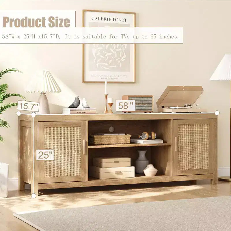MDF Rattan 2-Door TV Stand with Adjustable Shelves for TVs up to 65"