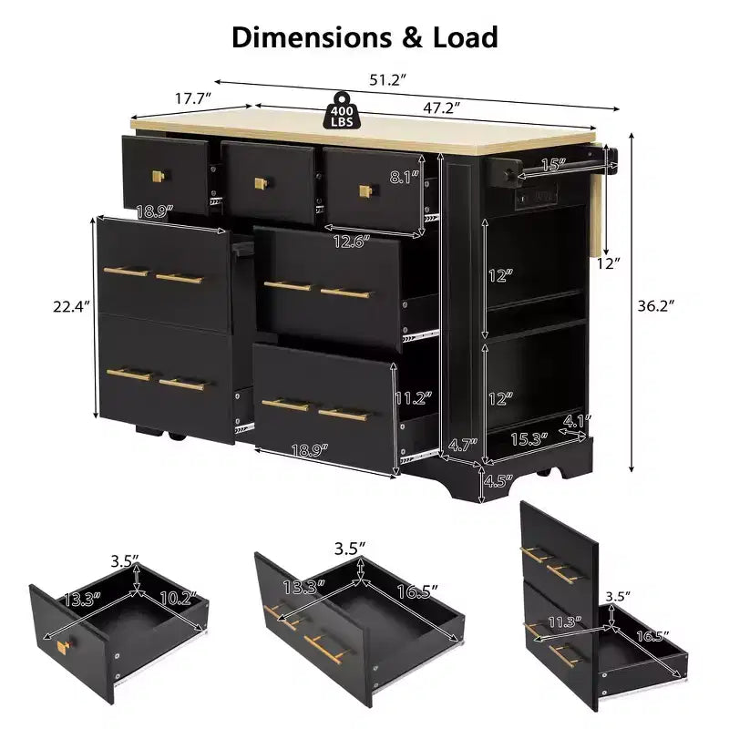 MDF Rolling Kitchen Island with 6 Drawers, Drop Leaf, and Pull-Out Trash 51.2"W x 29.5"D x 36.2"H