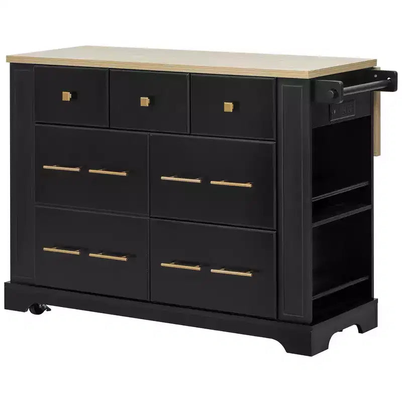 MDF Rolling Kitchen Island with 6 Drawers, Drop Leaf, and Pull-Out Trash 51.2"W x 29.5"D x 36.2"H