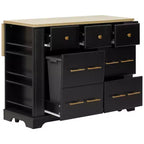 Whisen Kitchen Island with 6 Drawers, Pull - Out Trash, 5 Rolling Wheels, Drop Leaf & Racks