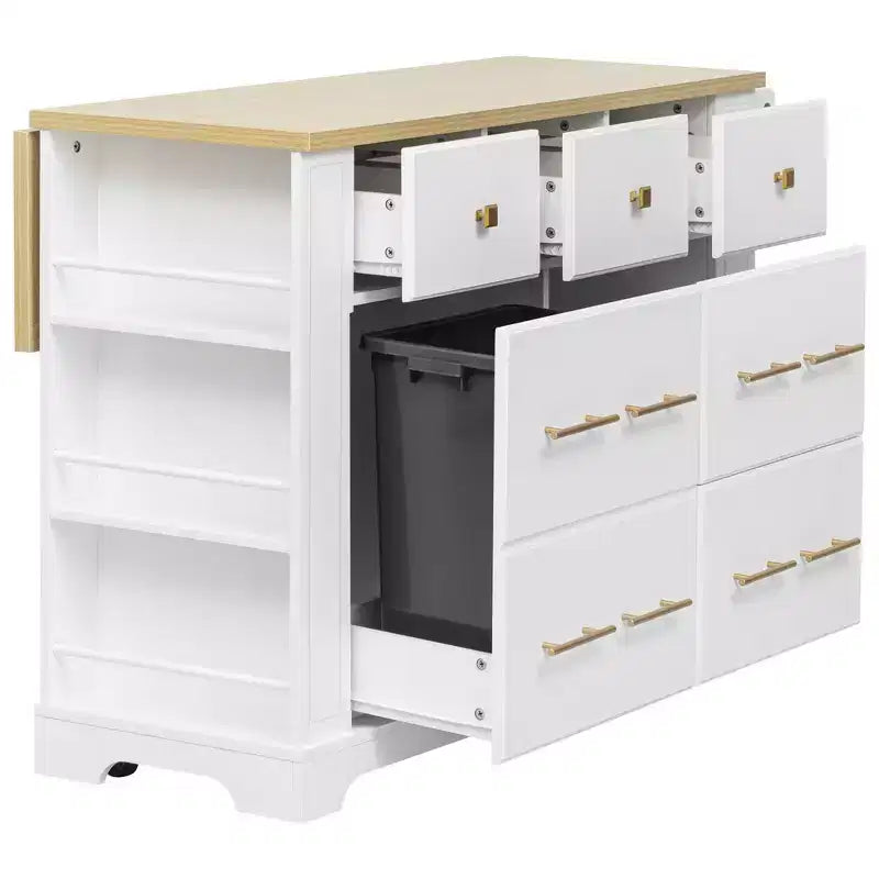 MDF Rolling Kitchen Island with 6 Drawers, Drop Leaf, and Pull-Out Trash 51.2"W x 29.5"D x 36.2"H