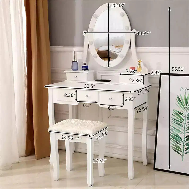 MDF 5-Drawer Vanity Dressing Table with LED Mirror 31.5"W x 15.75"D x 55.51"H