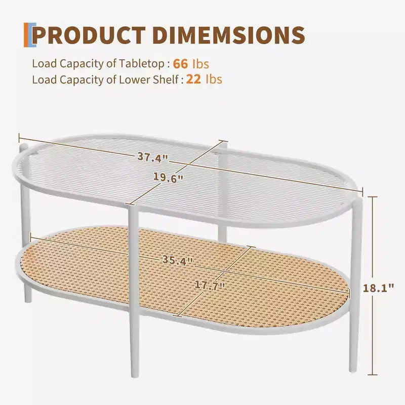 Metal Rattan 2-Tier Oval Coffee Table with Tempered Glass Top 37.4"W x 19.6"D x 18.1"H