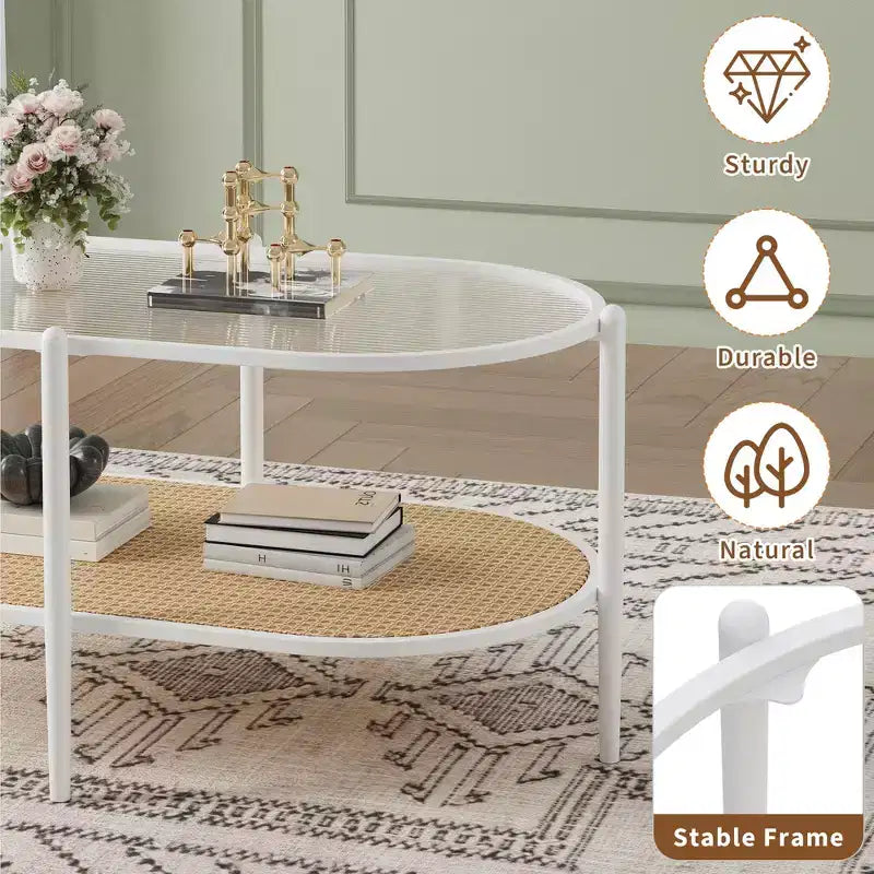 Metal Rattan 2-Tier Oval Coffee Table with Tempered Glass Top 37.4"W x 19.6"D x 18.1"H