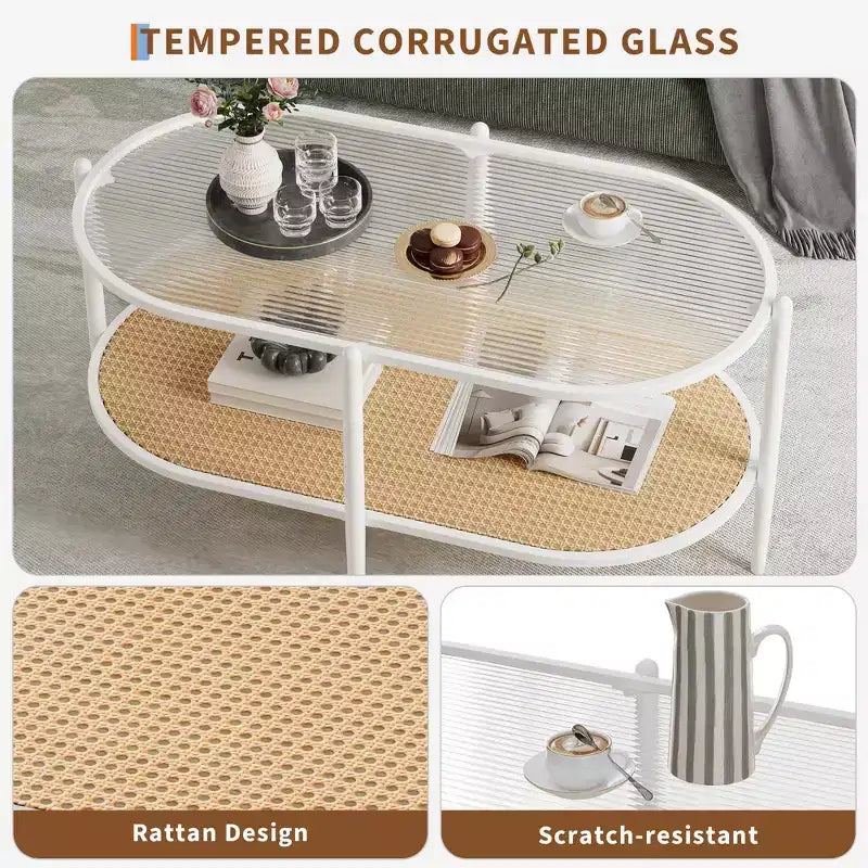 Metal Rattan 2-Tier Oval Coffee Table with Tempered Glass Top 37.4"W x 19.6"D x 18.1"H