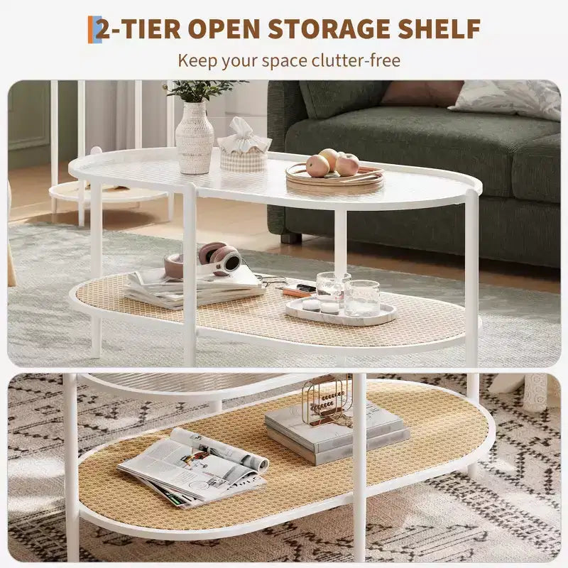 Metal Rattan 2-Tier Oval Coffee Table with Tempered Glass Top 37.4"W x 19.6"D x 18.1"H
