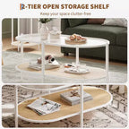Table basse ovale à 2 niveaux en métal et rotin avec plateau en verre trempé 95 cm (L) x 50 cm (P) x 46 cm (H)
