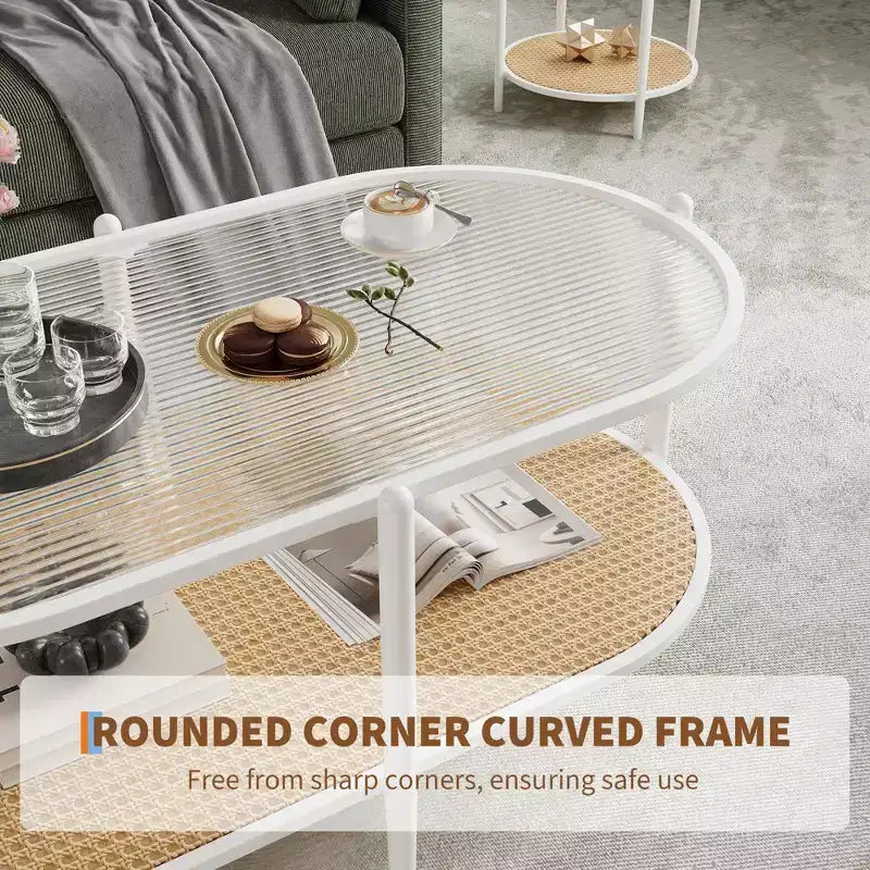 Metal Rattan 2-Tier Oval Coffee Table with Tempered Glass Top 37.4"W x 19.6"D x 18.1"H