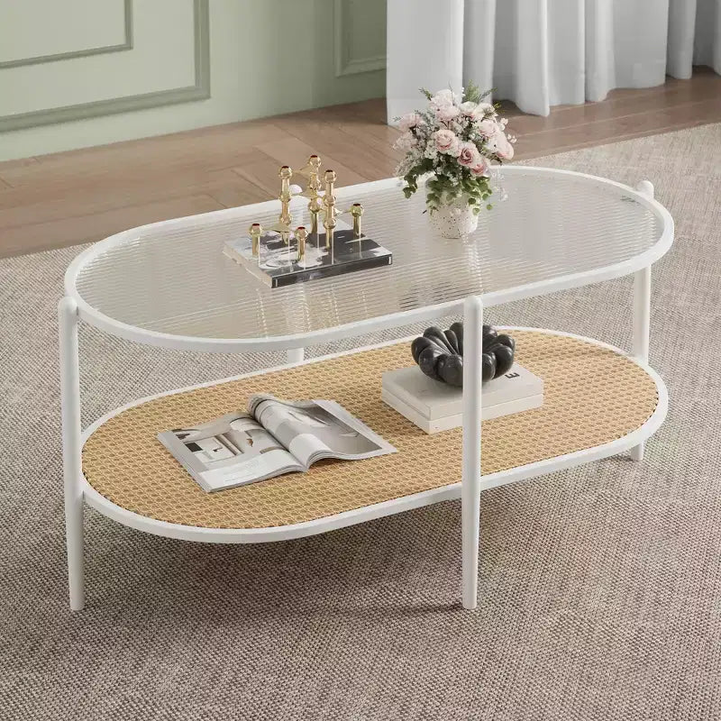 Metal Rattan 2-Tier Oval Coffee Table with Tempered Glass Top 37.4"W x 19.6"D x 18.1"H