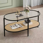 Table basse ovale à 2 niveaux en métal et rotin avec plateau en verre trempé 95 cm (L) x 50 cm (P) x 46 cm (H)