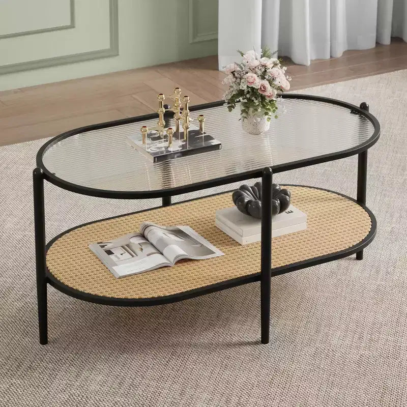 Metal Rattan 2-Tier Oval Coffee Table with Tempered Glass Top 37.4"W x 19.6"D x 18.1"H