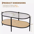 Table basse ovale à 2 niveaux en métal et rotin avec plateau en verre trempé 95 cm (L) x 50 cm (P) x 46 cm (H)
