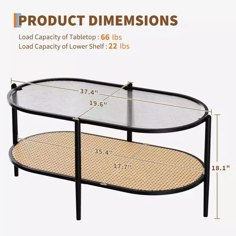 Metal Rattan 2-Tier Oval Coffee Table with Tempered Glass Top 37.4"W x 19.6"D x 18.1"H