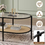 Table basse ovale à 2 niveaux en métal et rotin avec plateau en verre trempé 95 cm (L) x 50 cm (P) x 46 cm (H)