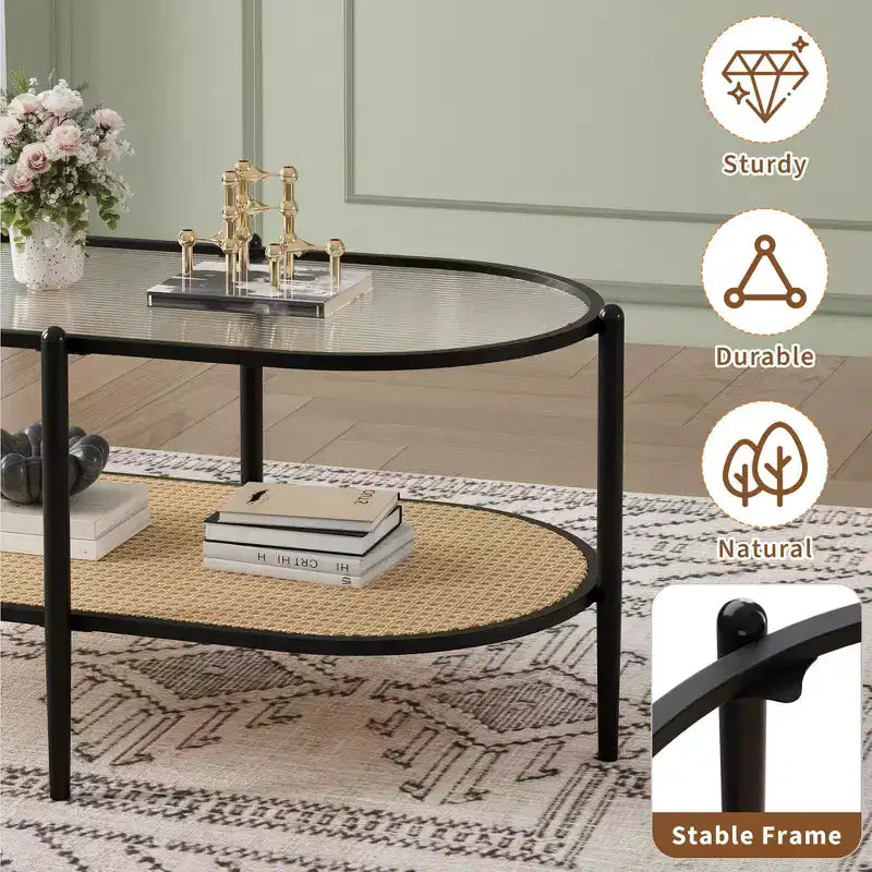 Metal Rattan 2-Tier Oval Coffee Table with Tempered Glass Top 37.4"W x 19.6"D x 18.1"H