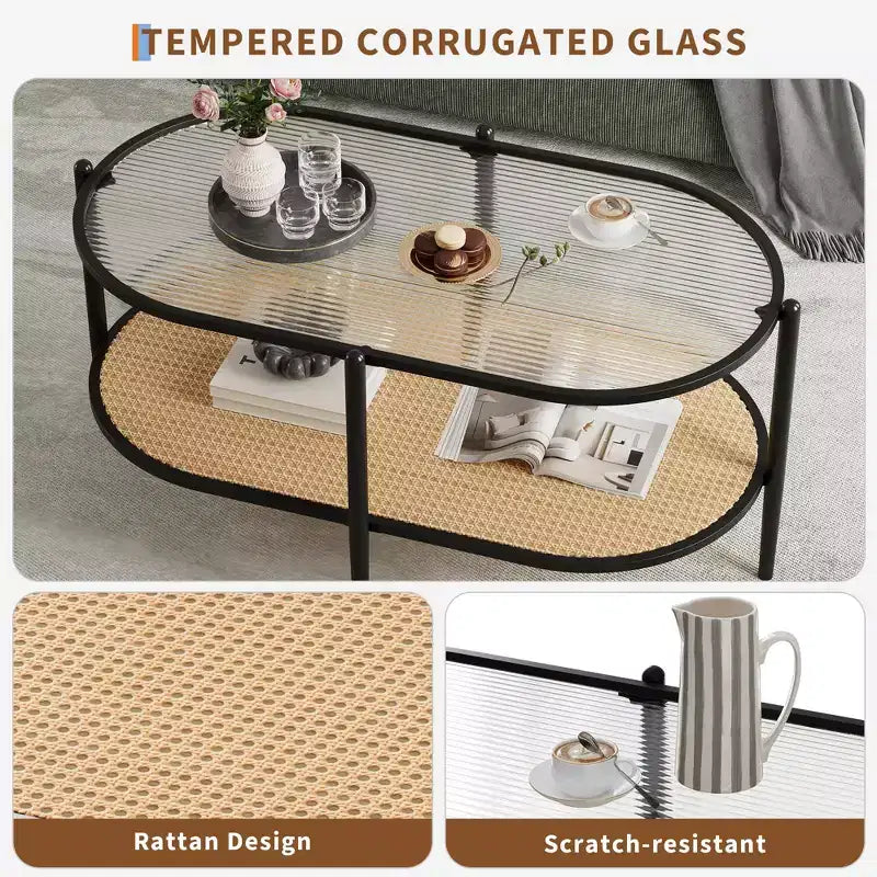 Metal Rattan 2-Tier Oval Coffee Table with Tempered Glass Top 37.4"W x 19.6"D x 18.1"H