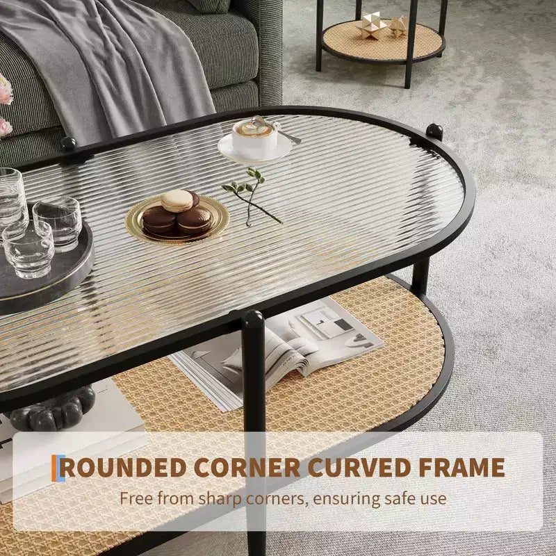Metal Rattan 2-Tier Oval Coffee Table with Tempered Glass Top 37.4"W x 19.6"D x 18.1"H