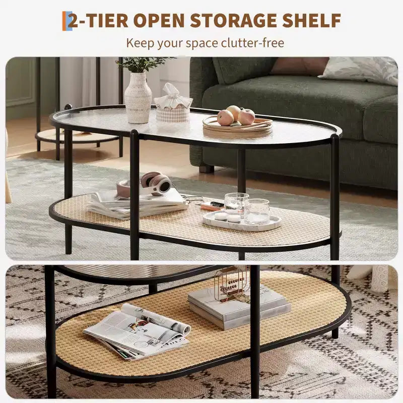 Metal Rattan 2-Tier Oval Coffee Table with Tempered Glass Top 37.4"W x 19.6"D x 18.1"H