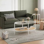 Table basse ovale à 2 niveaux en métal et rotin avec plateau en verre trempé 95 cm (L) x 50 cm (P) x 46 cm (H)