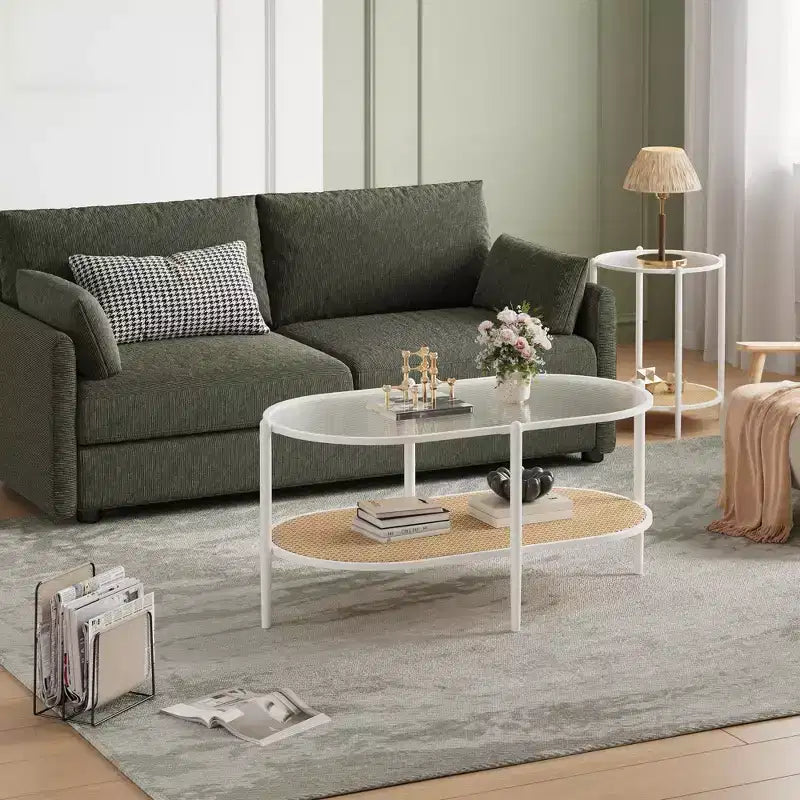 Metal Rattan 2-Tier Oval Coffee Table with Tempered Glass Top 37.4"W x 19.6"D x 18.1"H