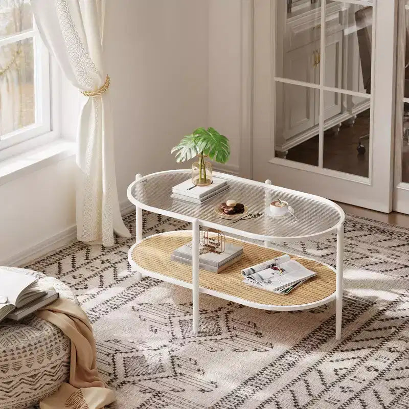 Metal Rattan 2-Tier Oval Coffee Table with Tempered Glass Top 37.4"W x 19.6"D x 18.1"H