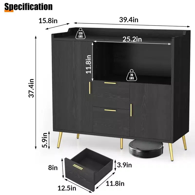 MDF Microwave Storage Cabinet with 2 Doors and 2 Drawers 39.4"W x 15.8"D x 37.4"H