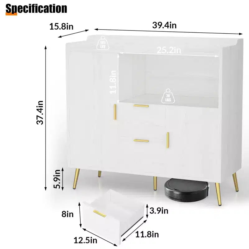 MDF Microwave Storage Cabinet with 2 Doors and 2 Drawers 39.4"W x 15.8"D x 37.4"H