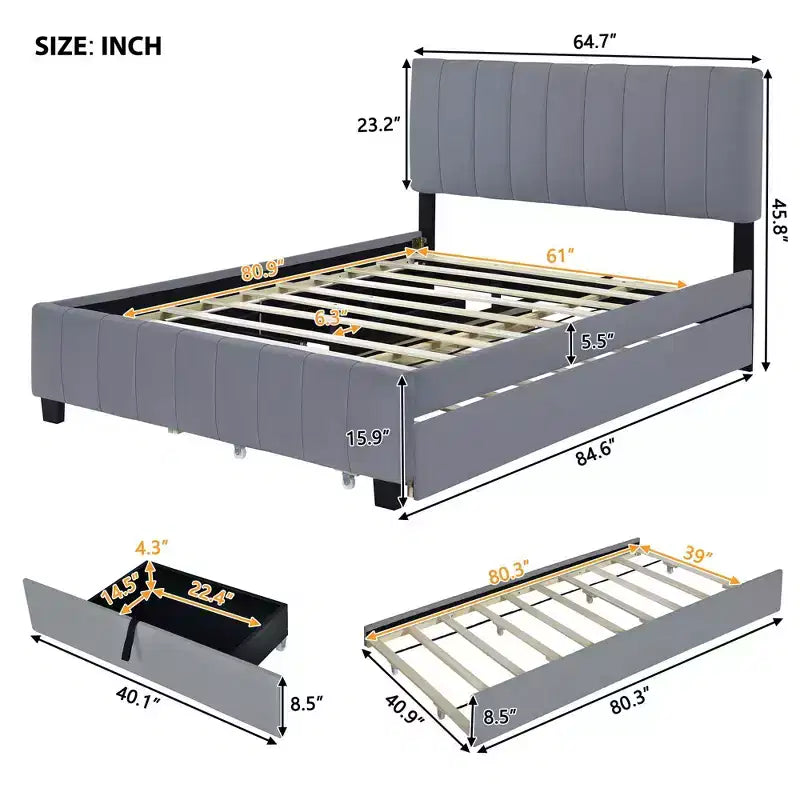 Pine Plywood Upholstered Queen Platform Bed with Hydraulic Storage System