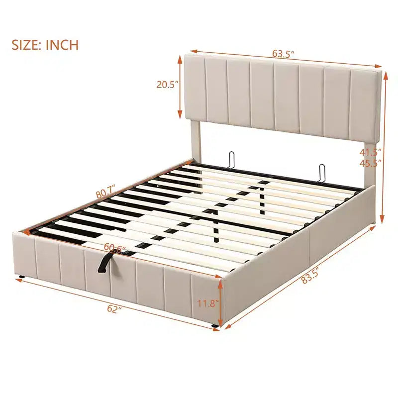 Pine Plywood Upholstered Queen Platform Bed with Hydraulic Storage System