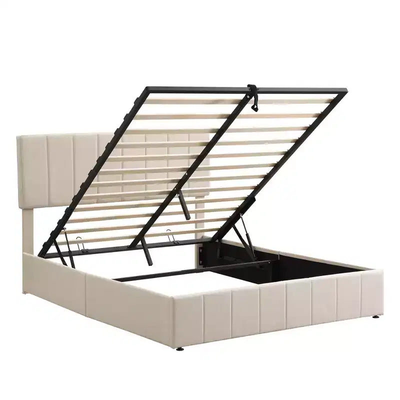 Pine Plywood Upholstered Queen Platform Bed with Hydraulic Storage System