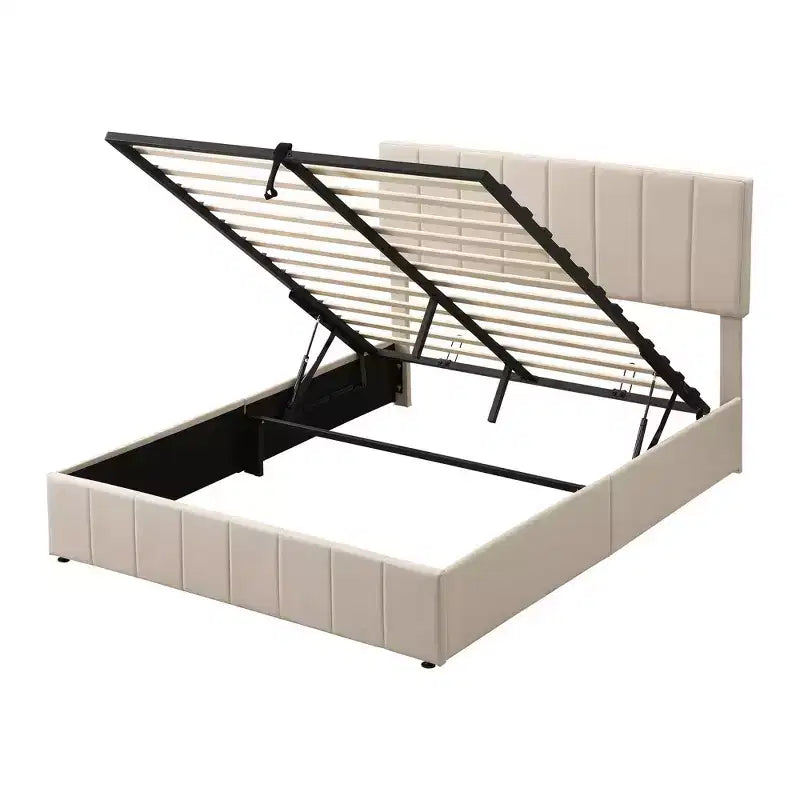 Pine Plywood Upholstered Queen Platform Bed with Hydraulic Storage System