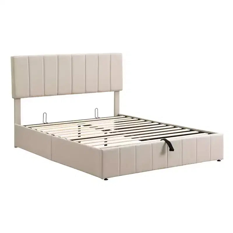 Pine Plywood Upholstered Queen Platform Bed with Hydraulic Storage System