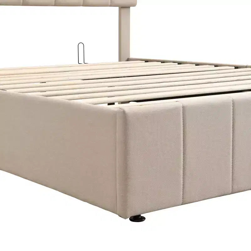 Pine Plywood Upholstered Queen Platform Bed with Hydraulic Storage System