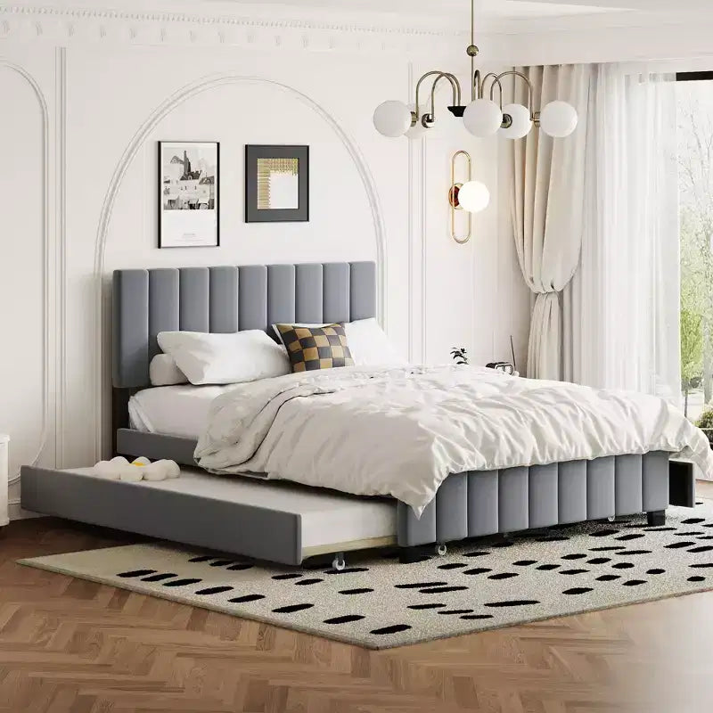 Pine Plywood Upholstered Queen Platform Bed with Hydraulic Storage System