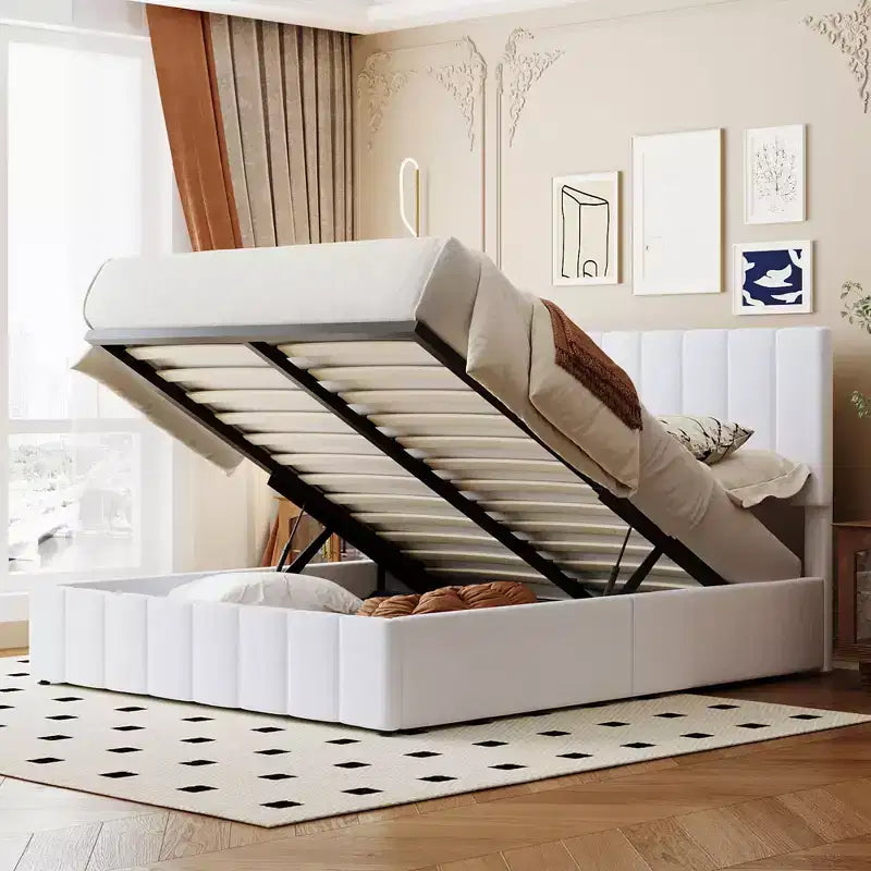 Pine Plywood Upholstered Queen Platform Bed with Hydraulic Storage System