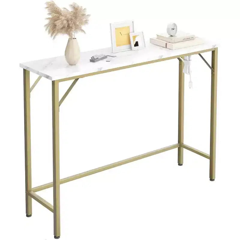 Metal Wood Console Table with Built-In USB Ports and Power Outlets