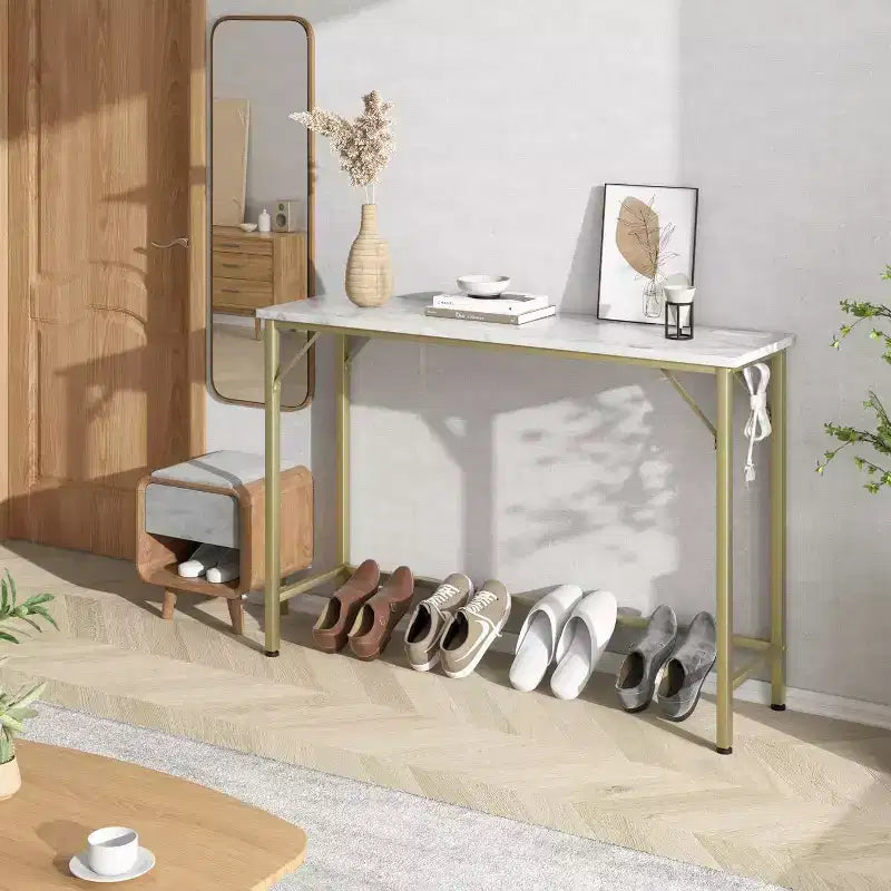 Metal Wood Console Table with Built-In USB Ports and Power Outlets
