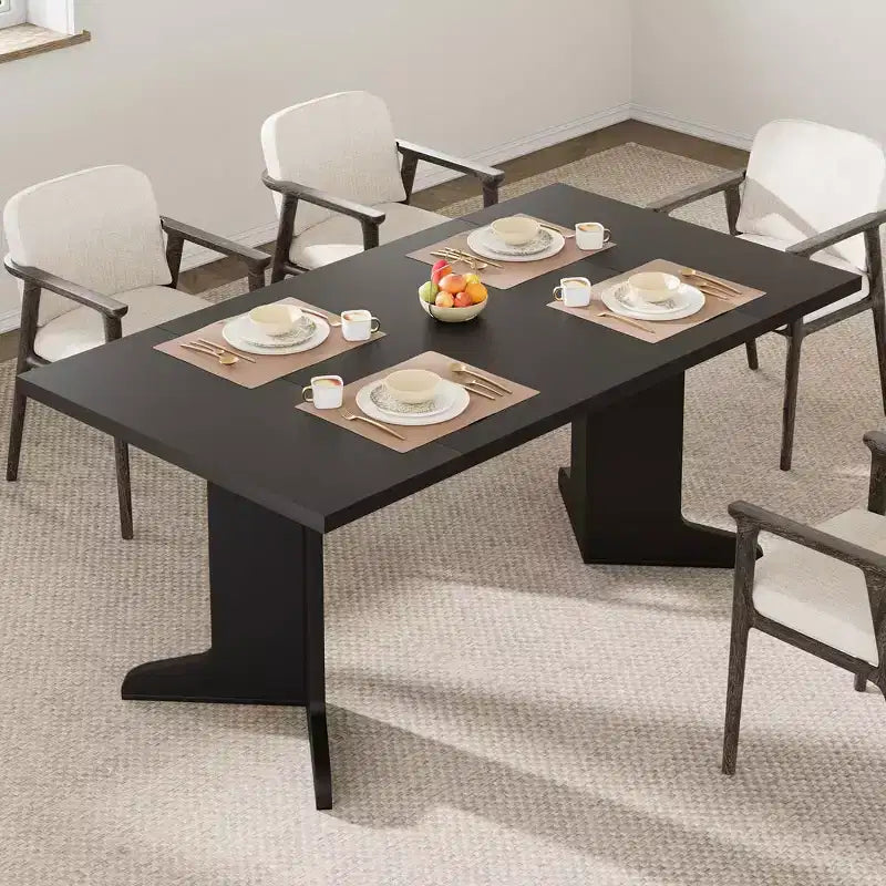 Large Dining Table for 6, Farmhouse Kitchen Table with Padded Top and Unique V-Shaped Feet, Rectangular Wooden Dining Table