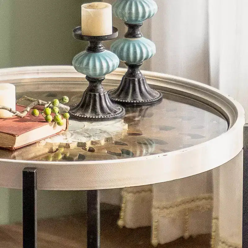 Iron Frame Wood Top 2-Tier Round End Table 23.23"W x 22.44"H