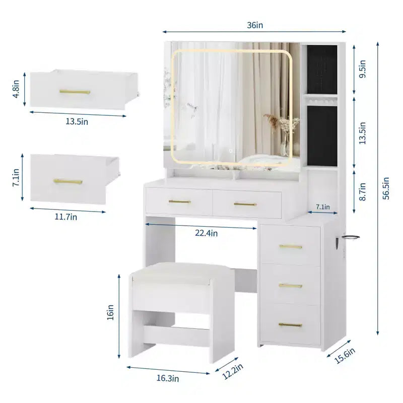MDF Makeup Vanity Desk with Lighted Mirror and 5 Drawers 36"W x 15.6"D x 56.5"H