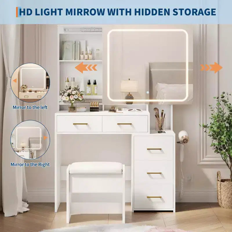 MDF Makeup Vanity Desk with Lighted Mirror and 5 Drawers 36"W x 15.6"D x 56.5"H