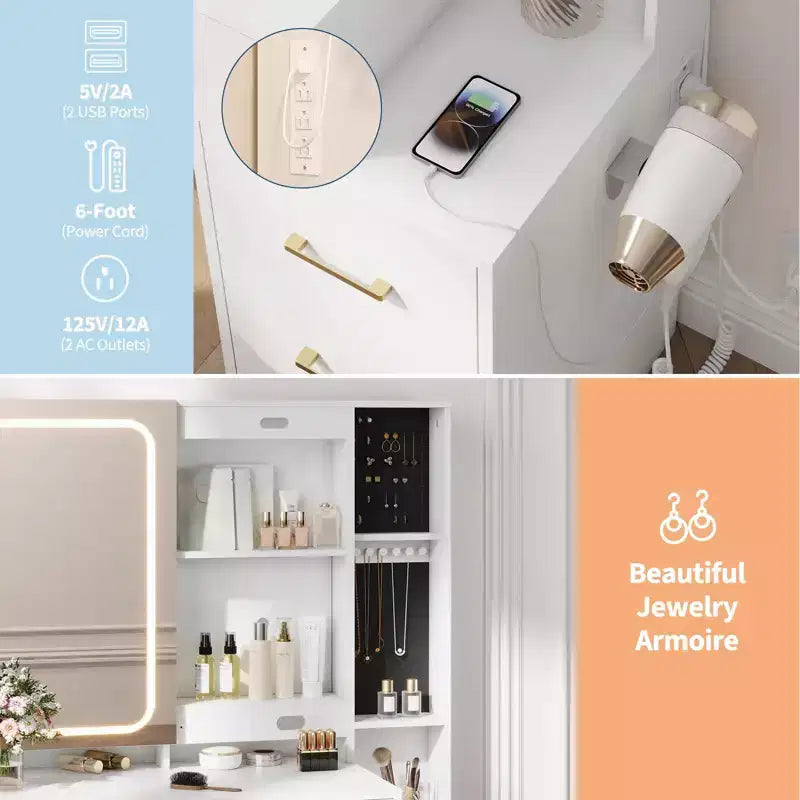 MDF Makeup Vanity Desk with Lighted Mirror and 5 Drawers 36"W x 15.6"D x 56.5"H
