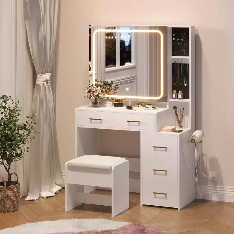MDF Makeup Vanity Desk with Lighted Mirror and 5 Drawers 36"W x 15.6"D x 56.5"H