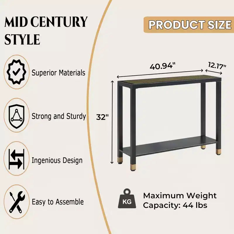 Tempered Glass Metal Frame 2-Tier Console Table 40.94"W x 12.17"D x 32"H